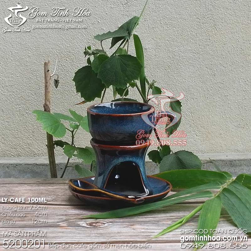 Bộ Bếp Đun Cafe Gốm Sứ Bát Tràng Men Hỏa Biến Màu Thiên Thanh - Ly Cafe, Bếp Sứ, Đĩa Sứ &Amp; Thìa Sứ