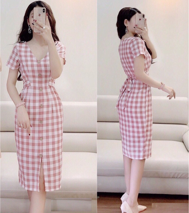 Đầm caro buộc nơ eo