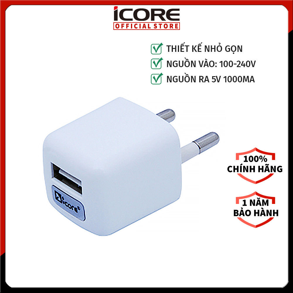 Adapter Sạc iCORE IC-UWC200 1 Cổng USB - Hàng chính hãng