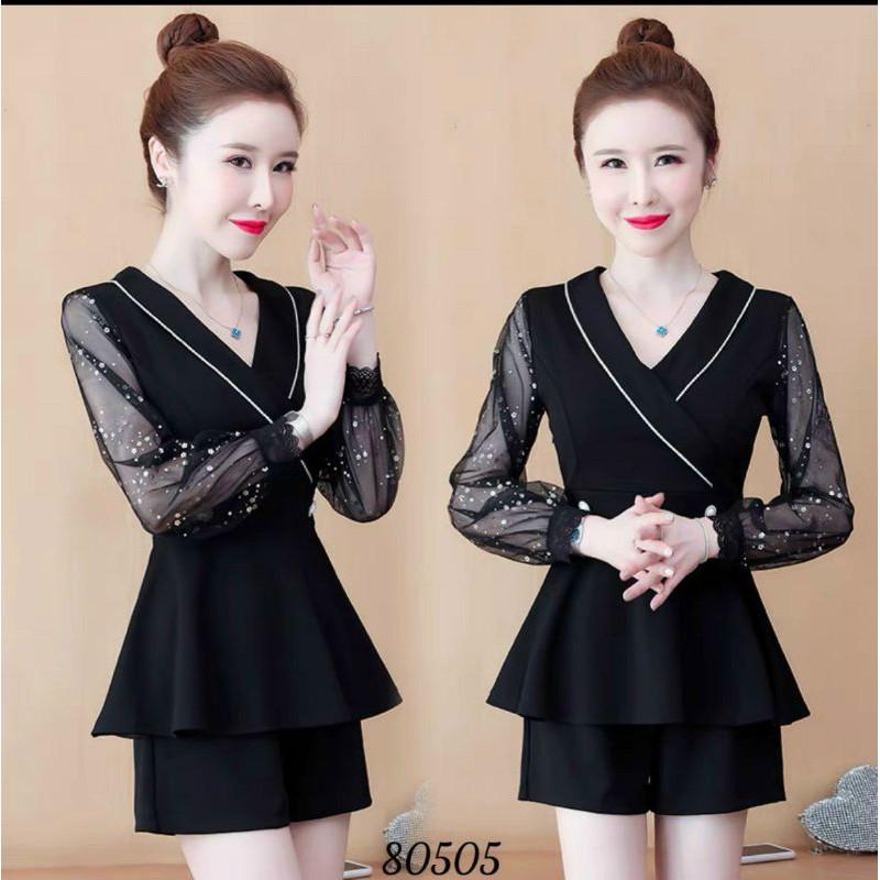 Sét bộ đồ nữ cổ vest tay dài phối lưới hoa xinh xắn size từ 40-70kg