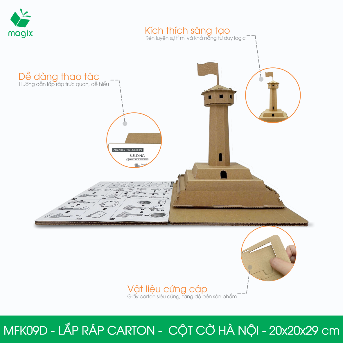 MFK09D - 20x20x29 cm - Mô hình Cột Cờ Hà Nội lắp ráp từ bìa carton cao cấp, mô hình địa danh Việt Nam