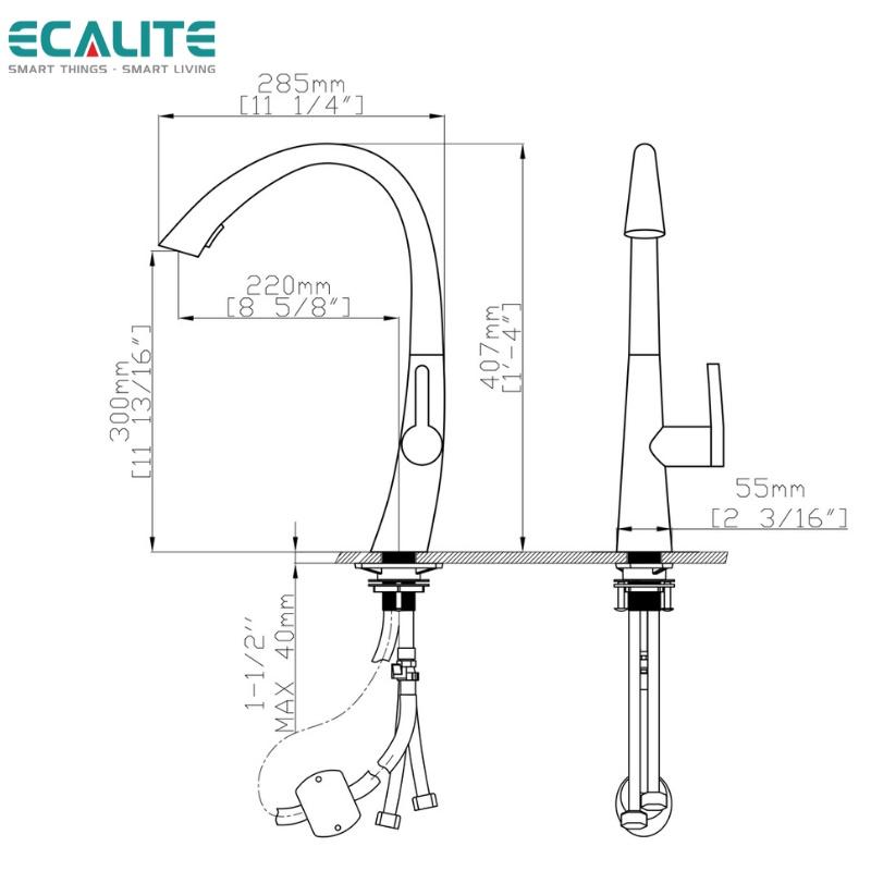 Vòi Rửa Chén Nóng Lạnh S-curve Ecalite EF-K114B - Có Dây Rút - Điều Chỉnh Tia Nước - Đồng Thau Sơn Đen - Hàng Chính Hãng