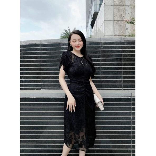 ĐẦM VOAN GẤM HOA NỔI MÀU ĐEN NHÚN LY BỤNG NGỰC KẾT HẠT CHÂU