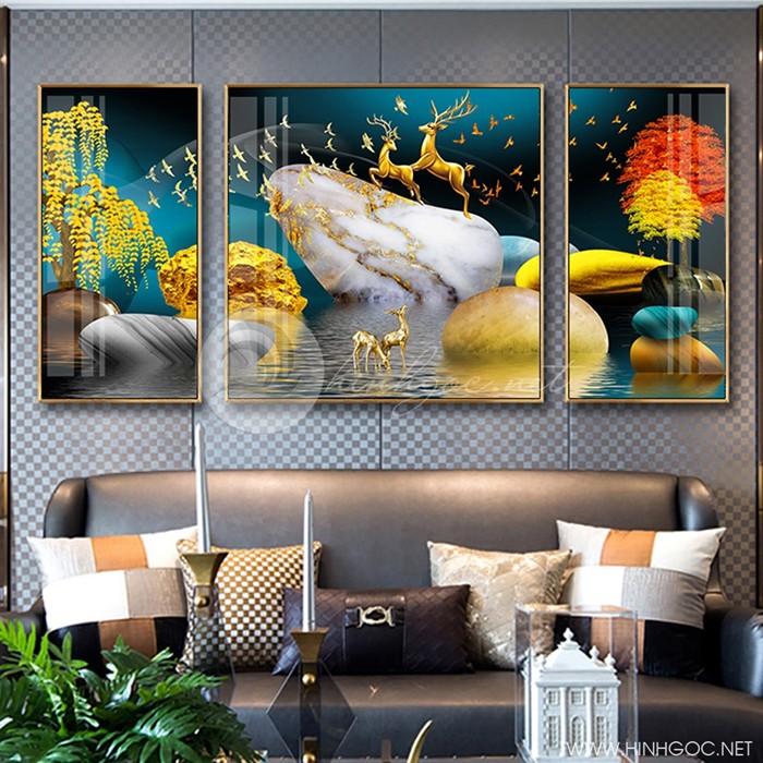 Bộ ba tranh tráng gương cao cấp hươu vàng
