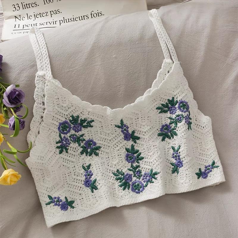 MS576 Áo hai dây len đan móc đi biển thêu hoa xanh, mix váy áo