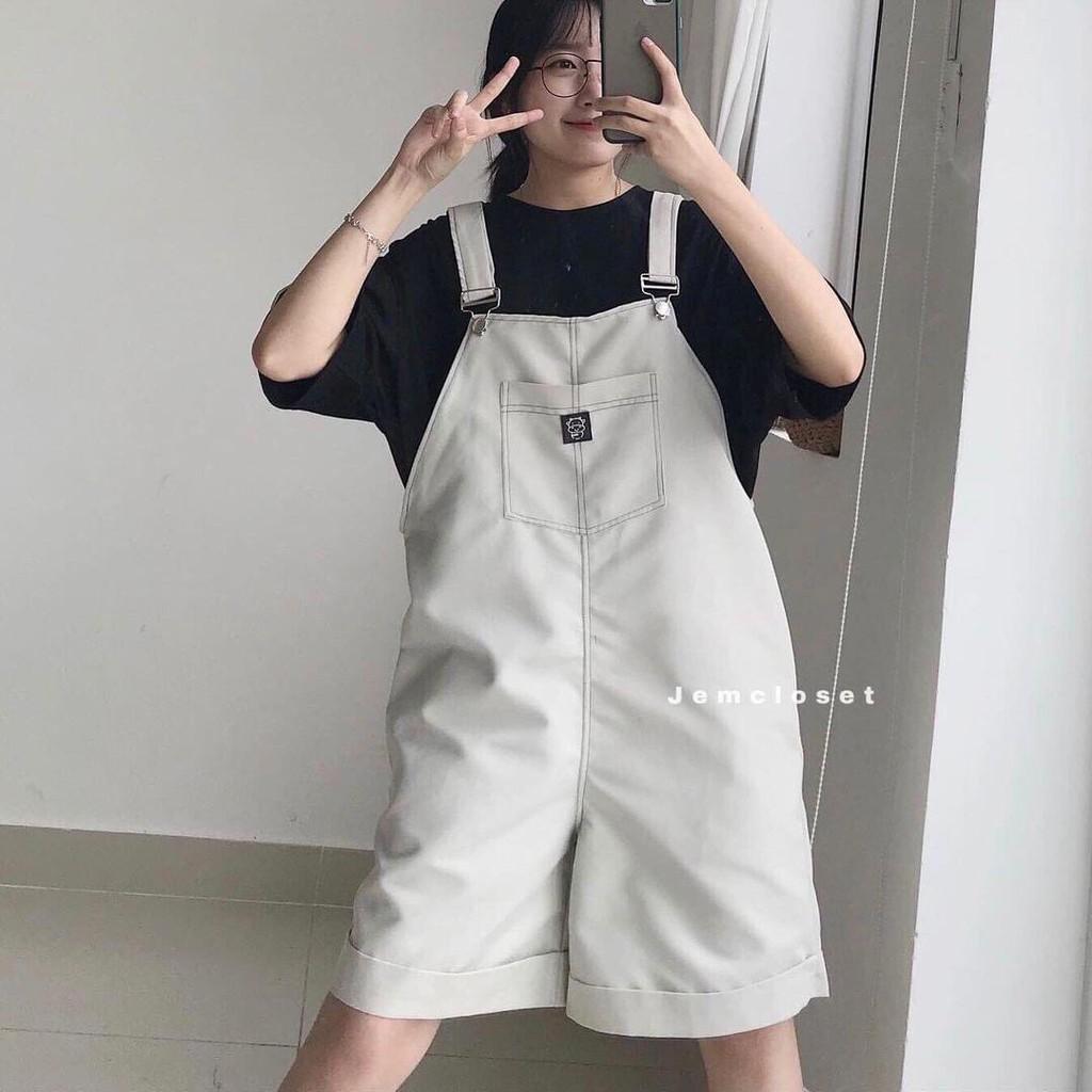 [RẺ VÔ ĐỊCH] Quần Yếm Nữ Dáng Xuông Ulzzang Yếm Kaki Đùi Lửng Form Rộng Unisex Có 2 Túi Trước 2 Màu Đen Trắng - phông trơn đen