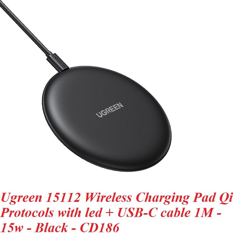 Ugreen UG15112CD186TK 15W kèm cáp USB-C c-c dài 1M Đế sạc không dây hỗ trợ sạc nhanh Màu Đen - HÀNG CHÍNH HÃNG