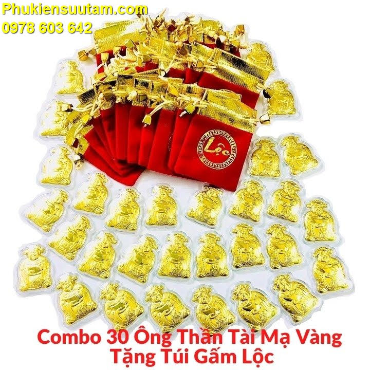 Combo 30 Ông Thần Tài Mạ Vàng Tặng Túi Gấm Lộc, Làm quà tặng ý nghĩa dịp Lễ, Tết, kích thước 5 x 4cm, màu vàng - TMT Collection - SP005490