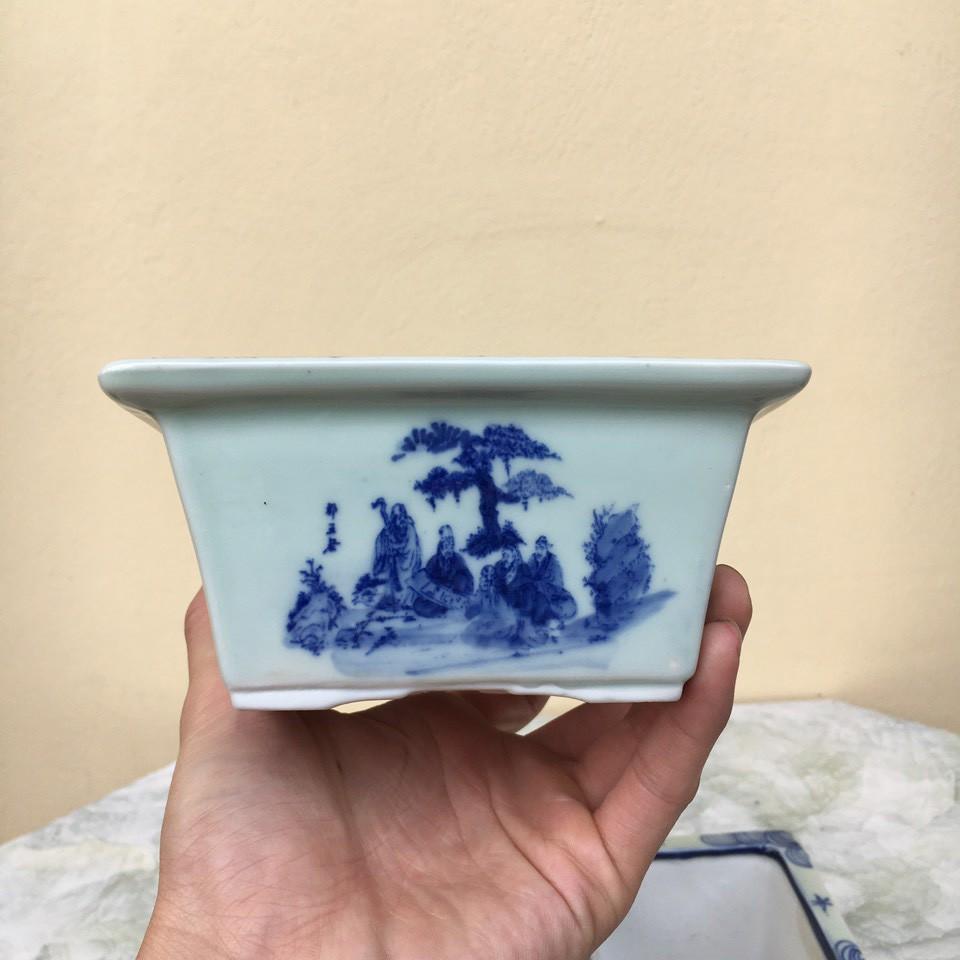 Chậu bonsai Vuông mini men vẽ giả tàu gốm Bát tràng 2 size BM-91
