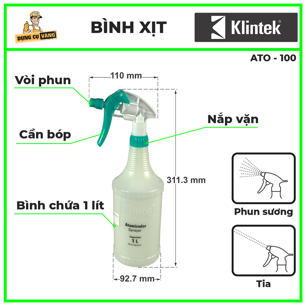 Bình xịt dung dịch 1.0L Klintek ATO-100