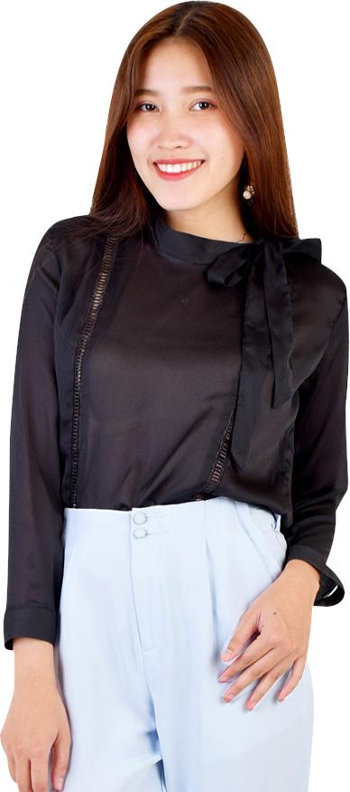 Áo Sơ Mi Tay Dài Phối Dây Nơ Sexycut - Đen