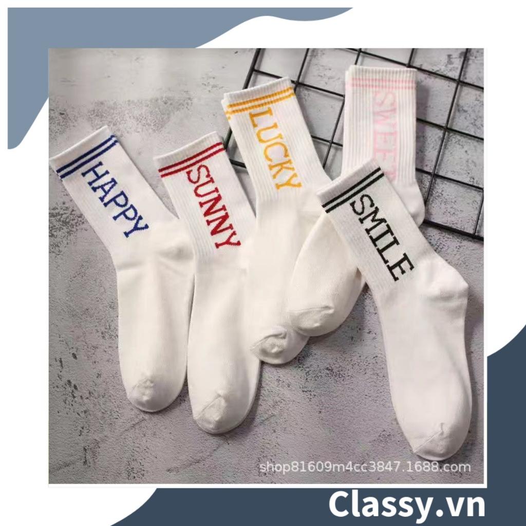 Tất cổ cao Classy,  vớ cổ cao màu trắng, chất cotton, in chữ G1465