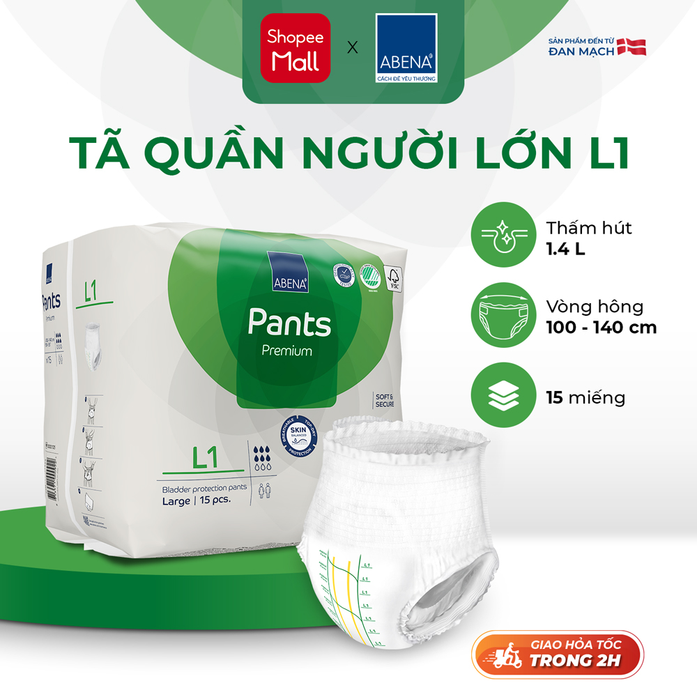 Tã quần người lớn Abena Pants Premium L1 thấm hút 1.400ml - Nhập khẩu Đan Mạch (Gói 15 miếng)