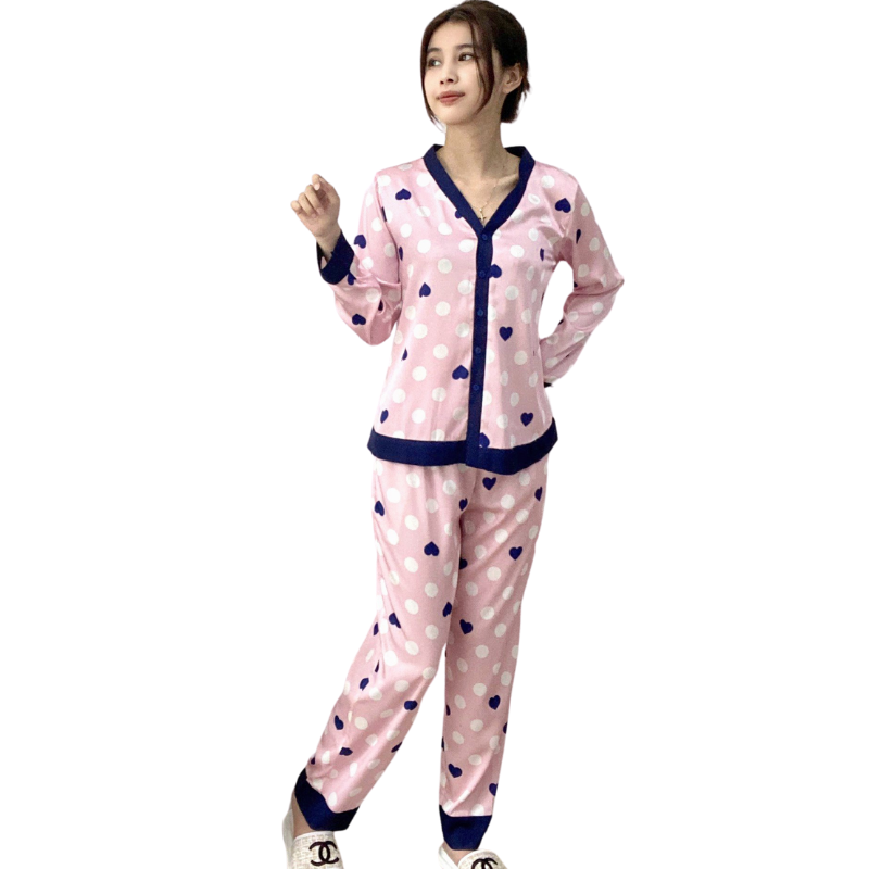Đồ bộ pyjama nữ, đồ mặc nhà cao cấp VILADY - B103 kiểu cổ V tay dài quần dài họa tiết chấm Bi màu hồng, chất liệu lụa Pháp siêu mát