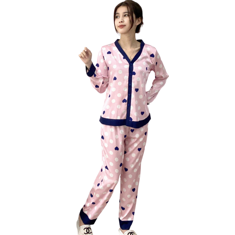 Đồ bộ pyjama nữ, đồ mặc nhà cao cấp VILADY - B103 kiểu cổ V tay dài quần dài họa tiết chấm Bi màu hồng, chất liệu lụa Pháp ( lụa latin) siêu mát