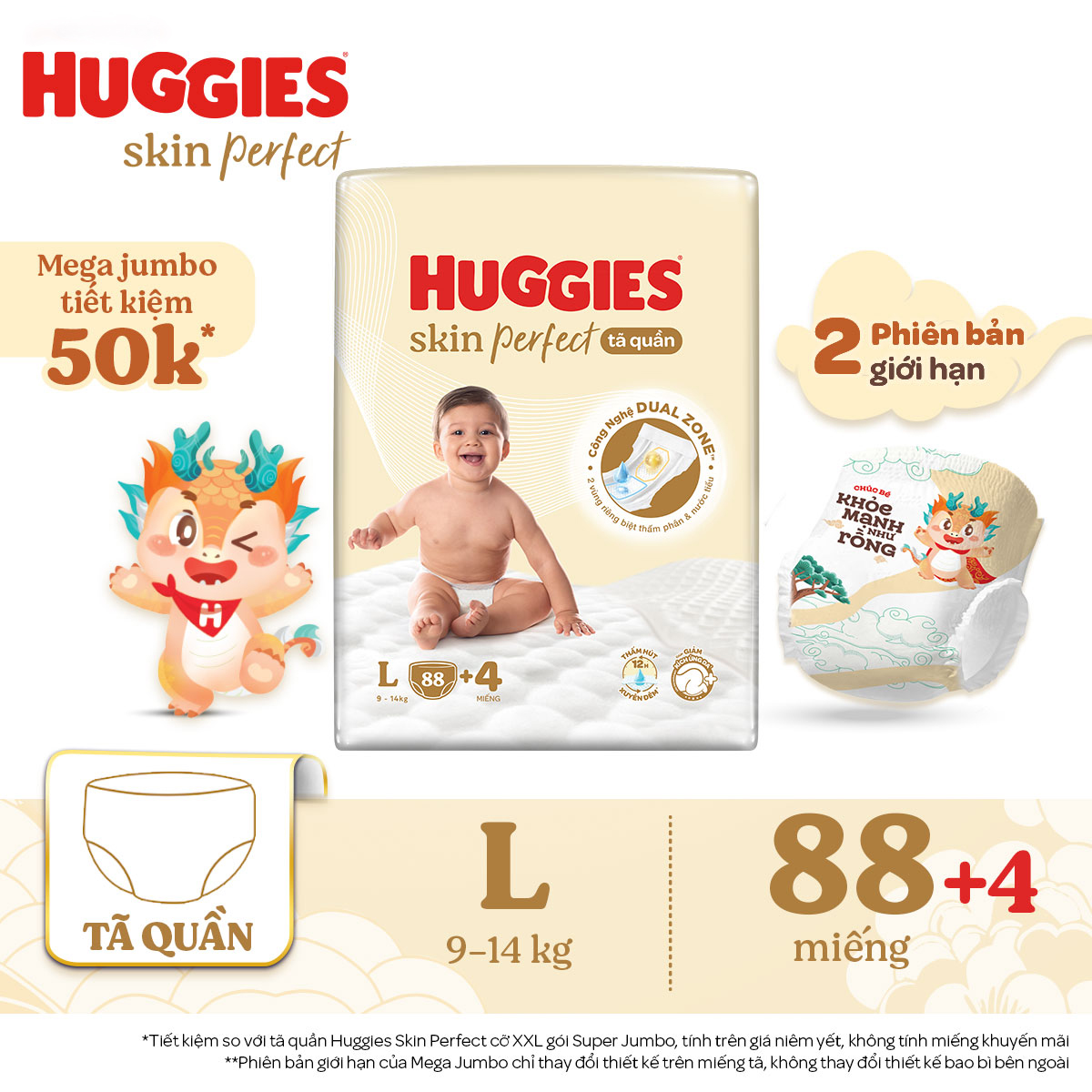 Tã quần Huggies Skin Perfect phiên bản Rồng giới hạn Mega Jumbo L88+4 miếng với 2 vùng thấm giảm kích ứng da