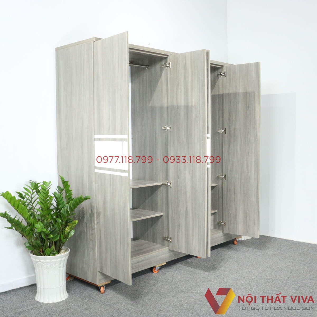 Tủ Quần Áo 4 Cánh Có Kệ Trang Trí Gỗ MDF Phủ Melamine Màu Sọc Xám Đẹp