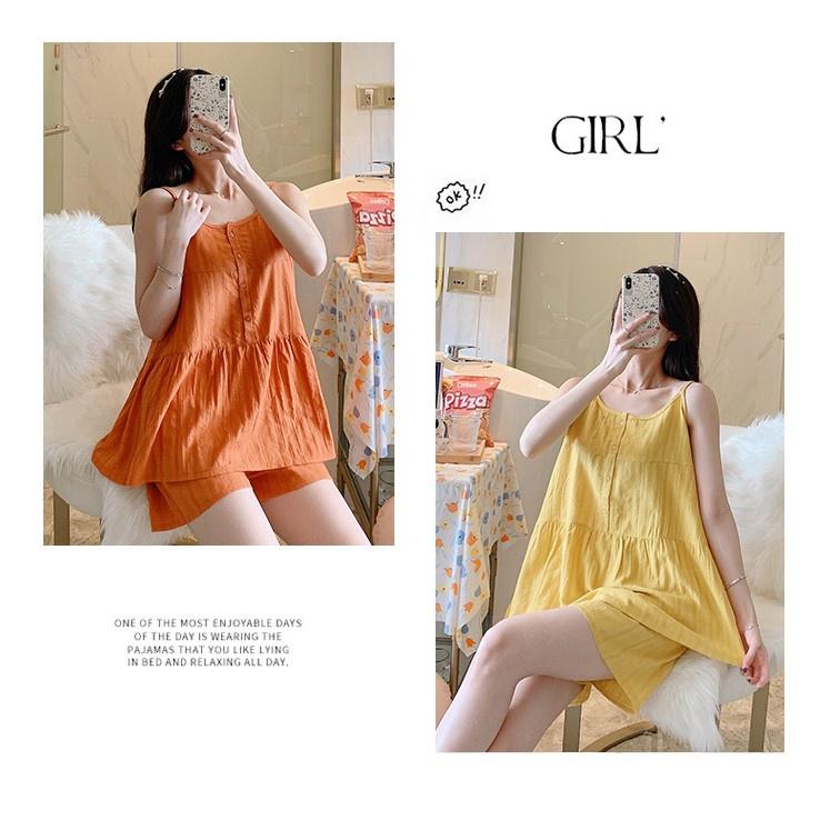 Bộ đồ ngủ mặc nhà cho nữ áo 2 dây quần đùi vải đũi mềm nhẹ, thoáng mát, nhiều màu size từ 40 - 75 kg phong cách năng động dễ thương