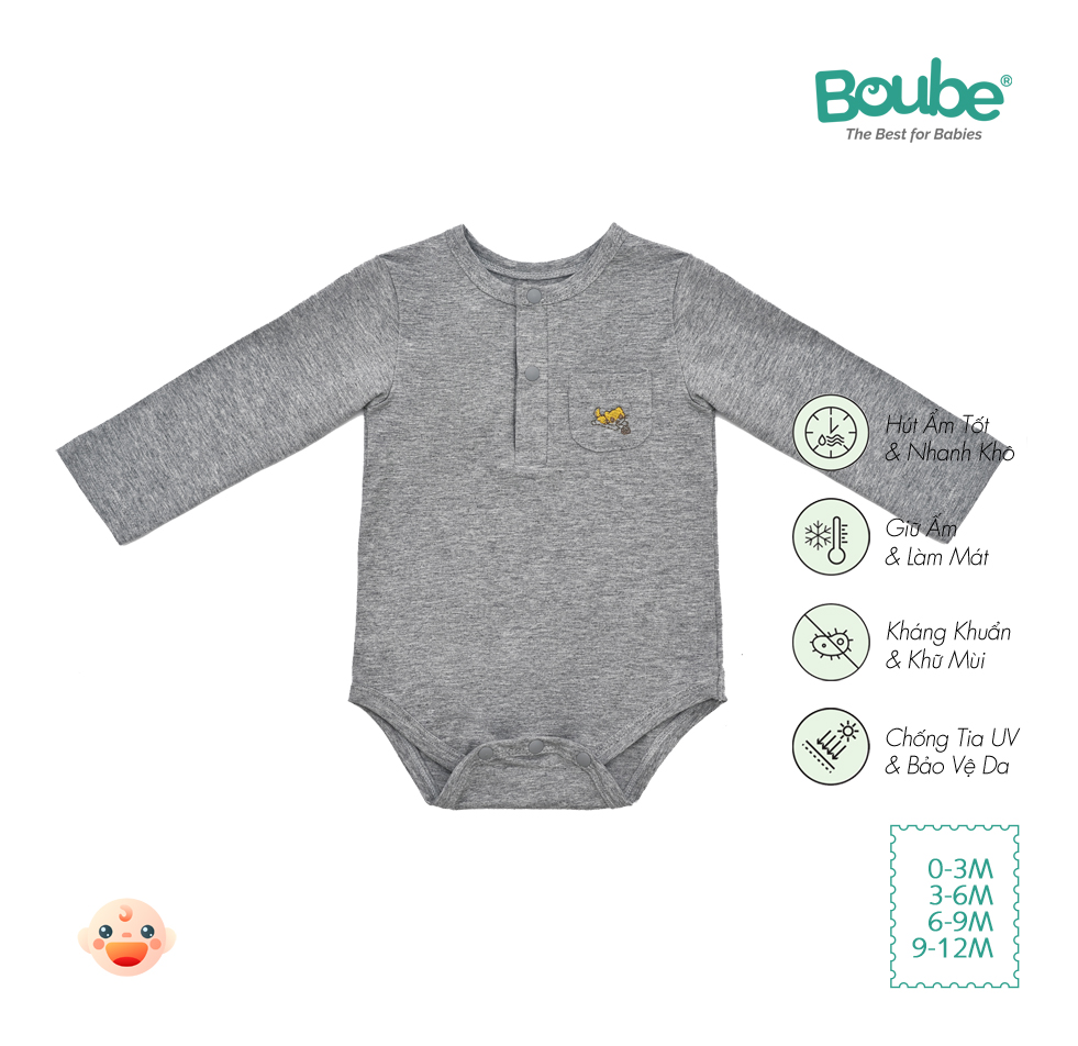 Bộ liền thân, bodychip dài tay cúc bấm cho bé sơ sinh nhiều màu sắc Boube, vải Cotton organic thoáng mát - Size 0-12M