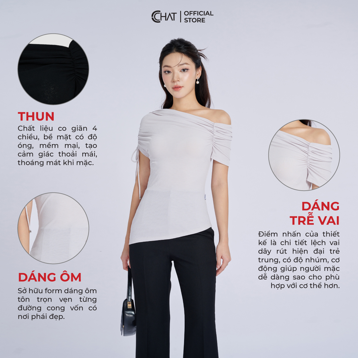 Áo Thun Dáng Ôm Nhún Lệch Vai Dây Chất Vải Mềm Mịn Co Giãn 4 Chiều 53TNC2044OT