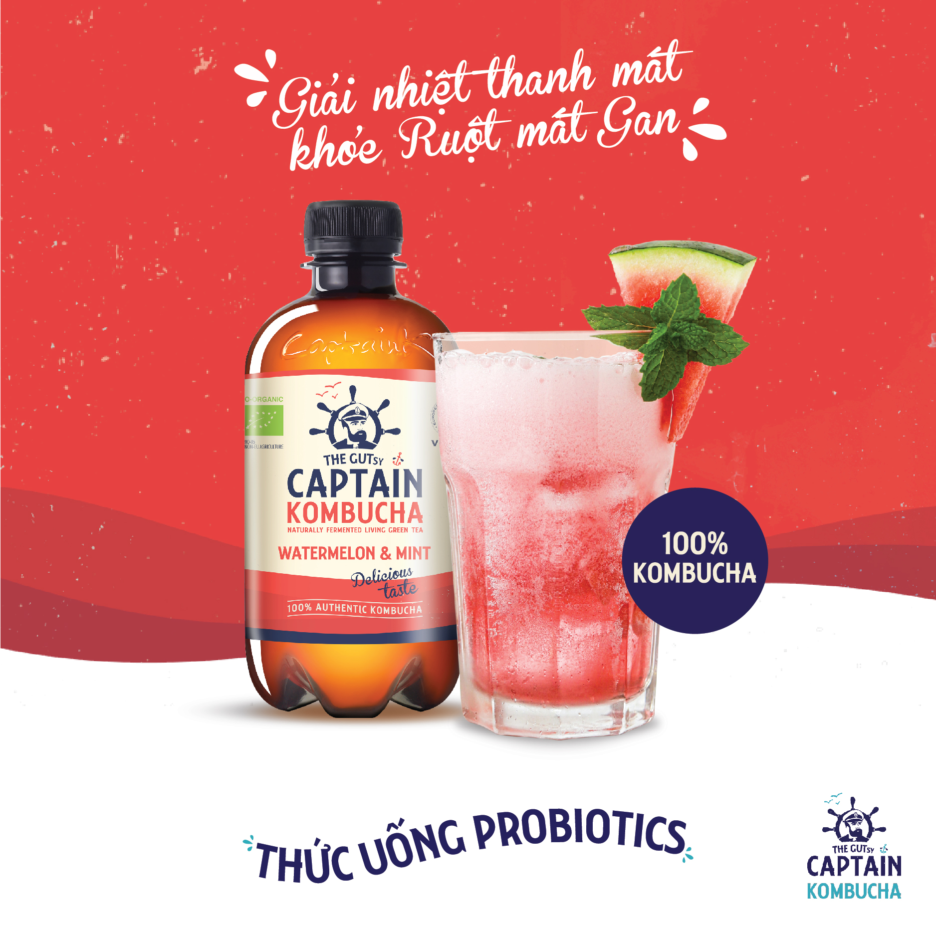 Trà Kombucha hữu cơ vị dưa hấu bạc hà Captain Kombucha 400ml