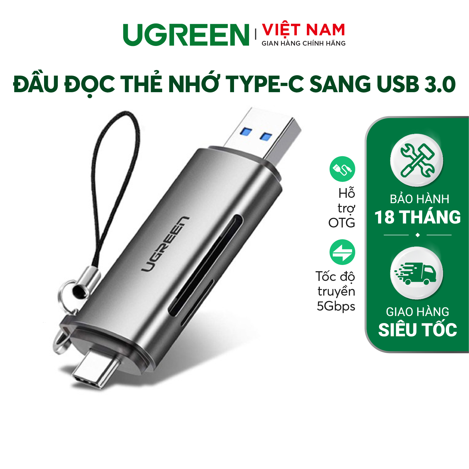 Đầu đọc thẻ nhớ SD, TF chân Type C, USB 3.0 Ugreen 50706 - Hàng chính hãng