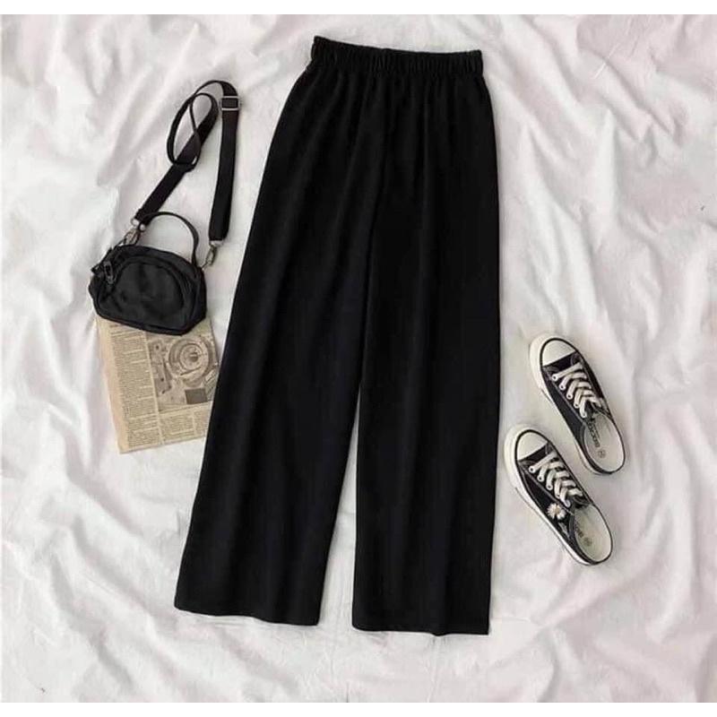 Quần Ống Suông Cạp Chun, Quần Ống Rộng Nữ Màu Đen Ulzzang