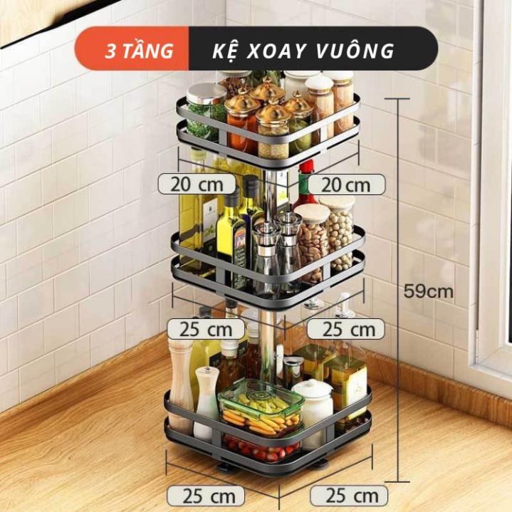 Kệ gia vị đa năng INOX phủ sơn tĩnh điện Đen, kệ xoay vuông tròn 360 độ, Loại Dày Tiết Kiệm Không Gian