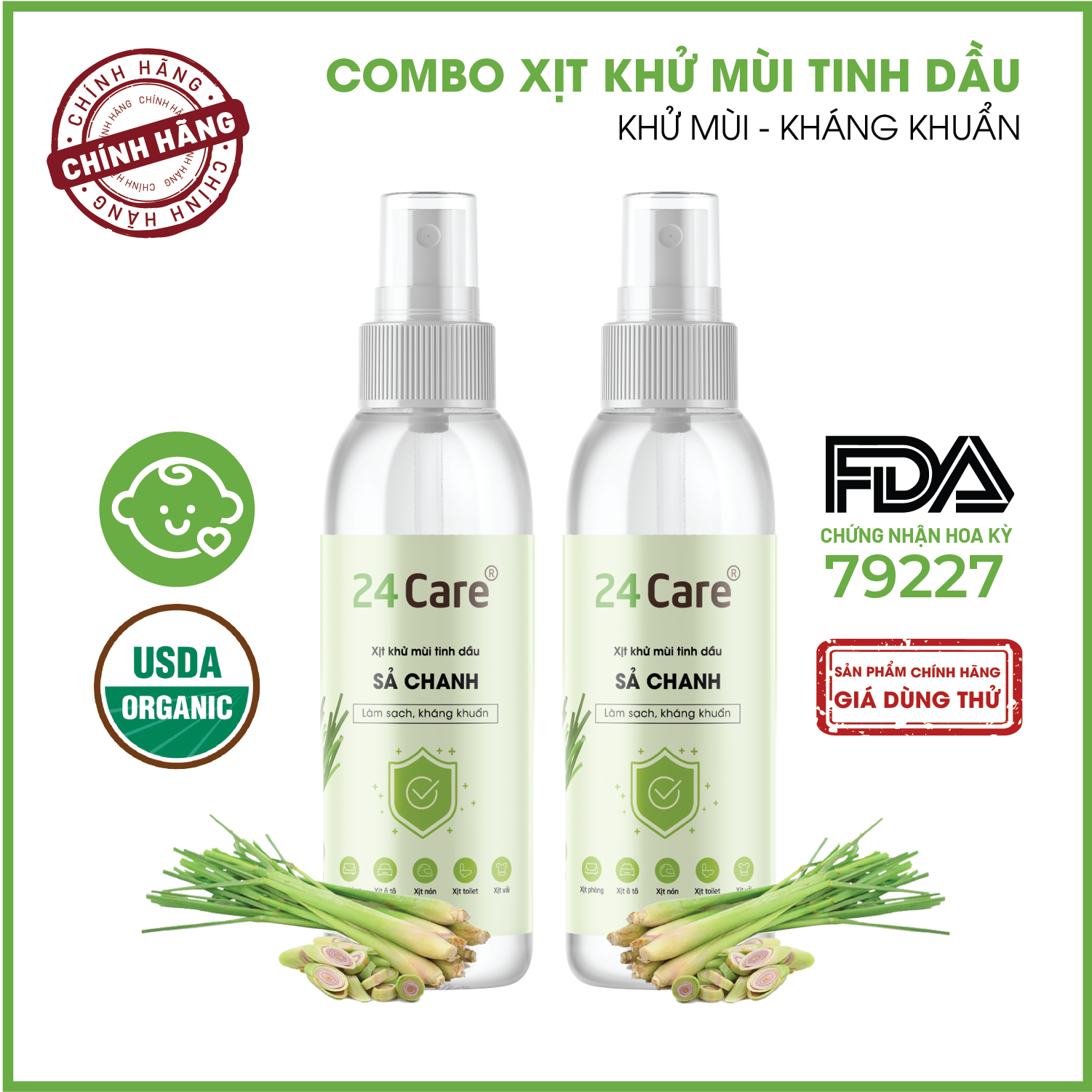 Combo 2 chai Xịt Phòng Tinh Dầu Sả Chanh Hữu Cơ Organic 24Care 100ml/chai - Kháng khuẩn - Khử mùi hôi