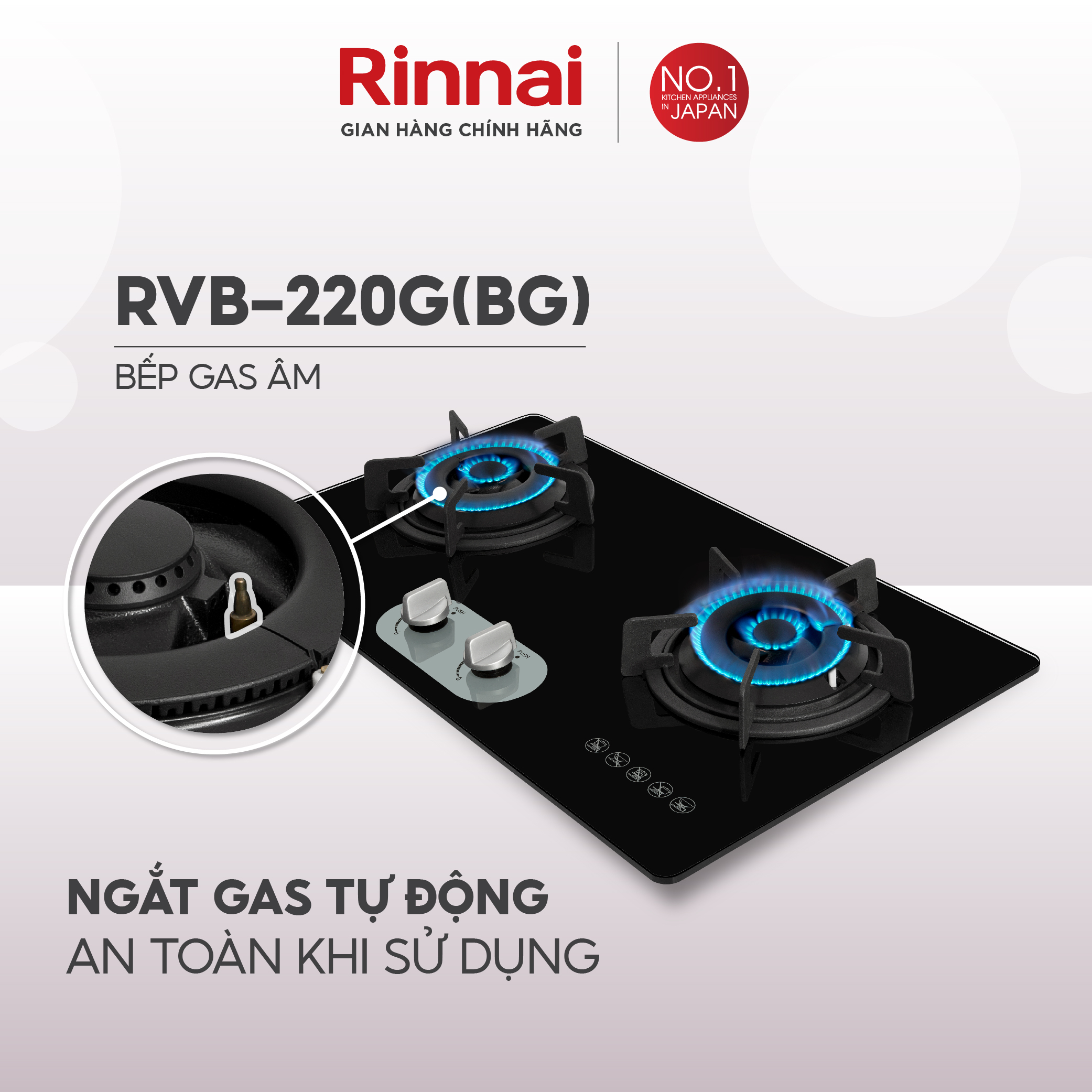 Bếp gas âm Rinnai RVB-220G mặt bếp kính kiềng bếp gang - Hàng chính hãng.
