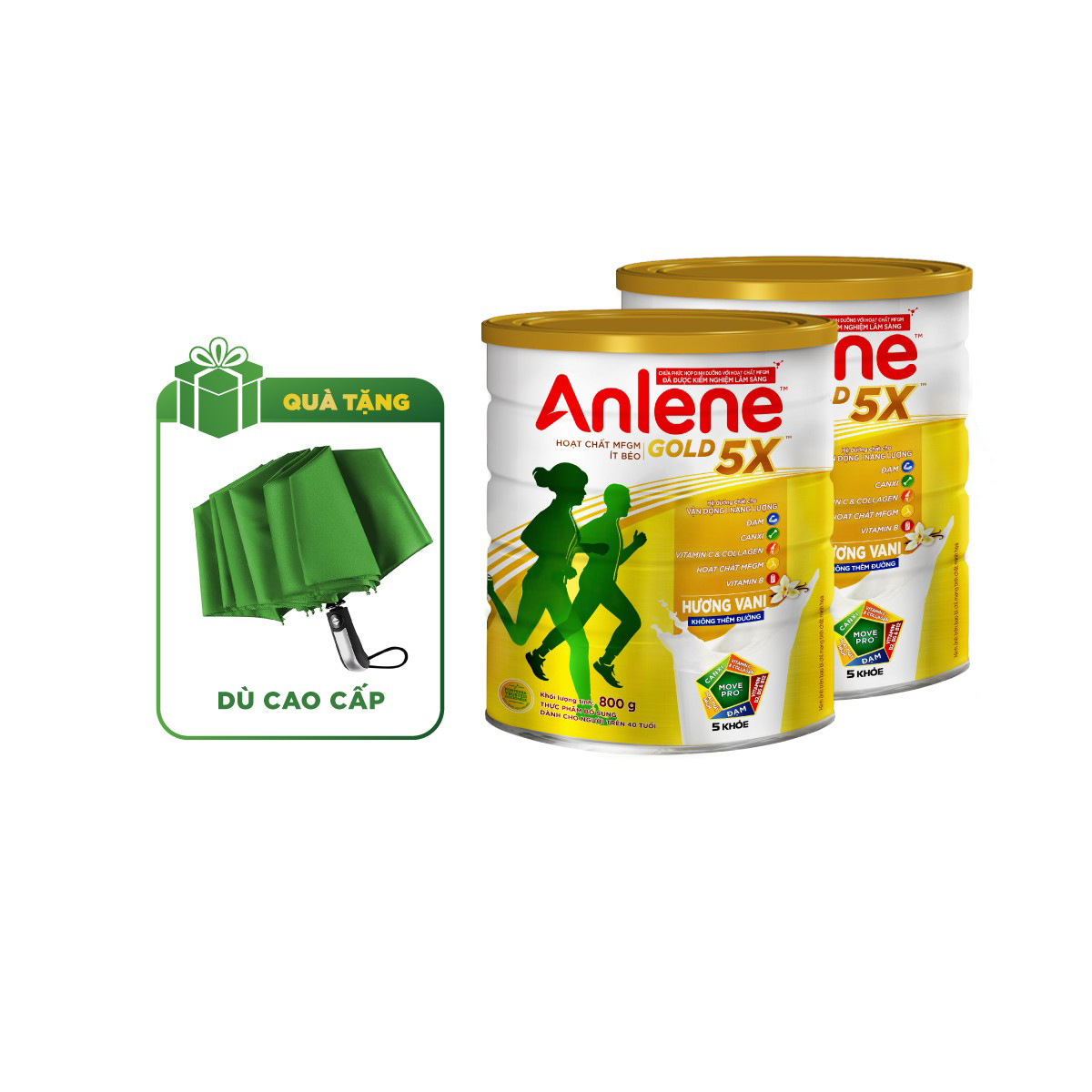 Combo 02 Sữa Bột Anlene Gold 5X Hương Vanilla (Hộp thiếc 800g) - Tặng dù