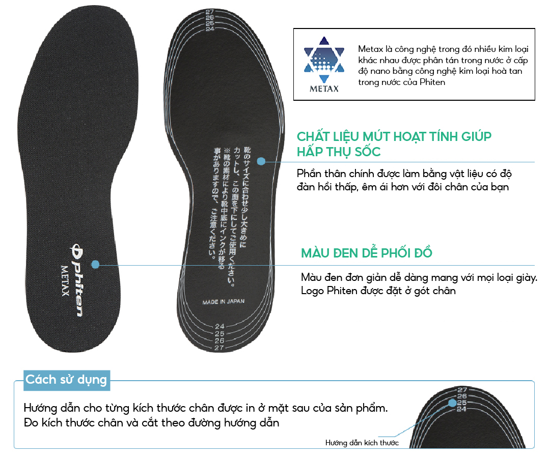 Lót giày trợ lực loại phẳng Phiten metax insole flat type TI463003/TI463004