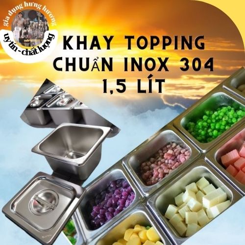 Khay inox 1/6 vuông 1,5 lít có nắp đậy cao 10cm chuyên đựng thạch topping cho quầy bar chuyên dụng cụ pha chế trà sữa bartender