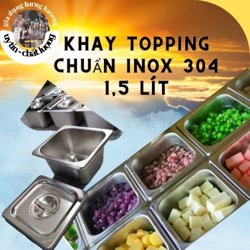 Khay inox 1/6 vuông 1,5 lít  có nắp đậy cao 10cm chuyên đựng thạch topping cho quầy bar chuyên dụng cụ pha chế trà sữa bartender