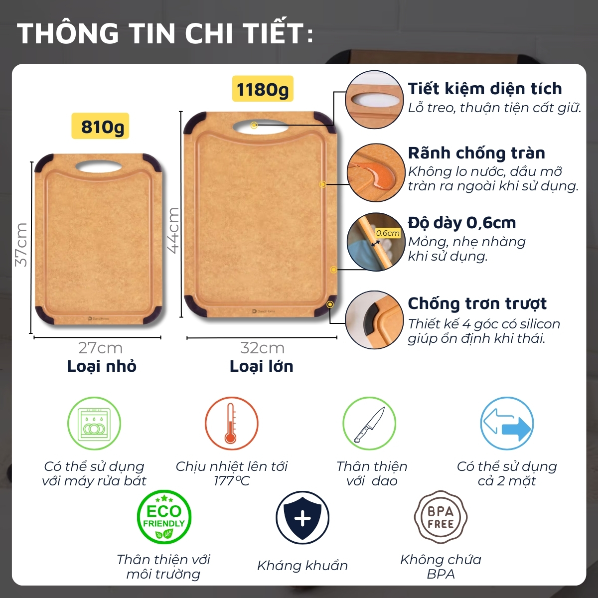 Thớt gỗ sợi fiber DandiHome chịu nhiệt 177 độ C, sử dụng với máy rửa bát, không BPA, không mùi, không lo ẩm mốc