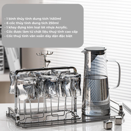 Bộ Cốc Bình Nước Thuỷ Tinh Cao Cấp Chịu Nhiệt Để Bàn Sang Trọng Cho Phòng Khách 1800ML - HÀNG CHÍNH HÃNG MINIIN