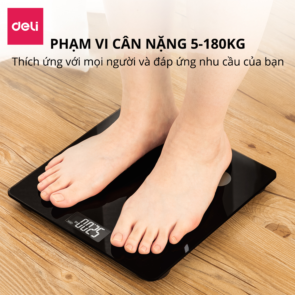 Cân Điện Tử Sức Khoẻ Thông Minh Mặt Vuông Kính Cường Lực Chịu Lực Màu Đen Sang Trọng 180Kg Deli - Phù Hợp Gia Đình Trường Học - Hàng Chính Hãng - E86120