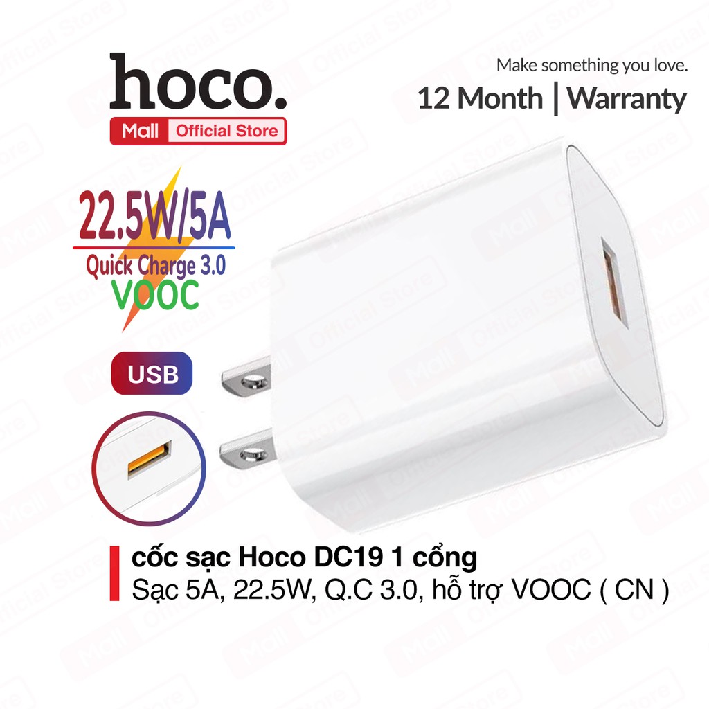 Bộ Sạc Nhanh Dành Cho Hoco DC19 USB To IP, Sạc Nhanh 5A/22.5W, Kèm Dây Dài 1m, Hỗ Trợ Sạc VOOC, Quick Charge 3.0, Hàng Chính Hãng