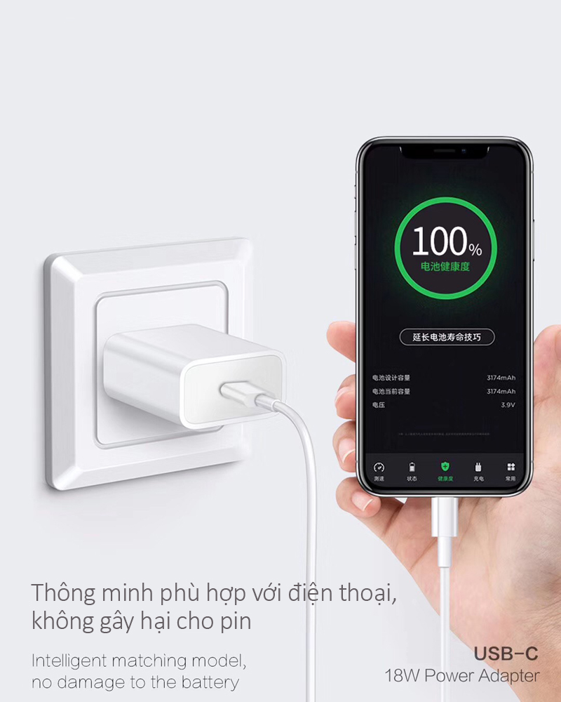 Bộ cốc sạc kèm theo dây sạc dẹt Lightning hỗ trợ sạc nhanh 18W dành cho các dòng máy iPhone cao cấp NO6-IP