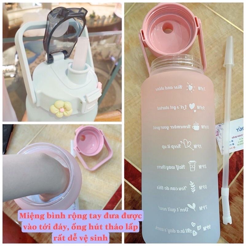 Bình nước nhắc nhở uống nước mỗi ngày 2 lít tiện lợi tặng kèm ống hút - Bình đựng nước thể thao - Chai detox sức khoẻ