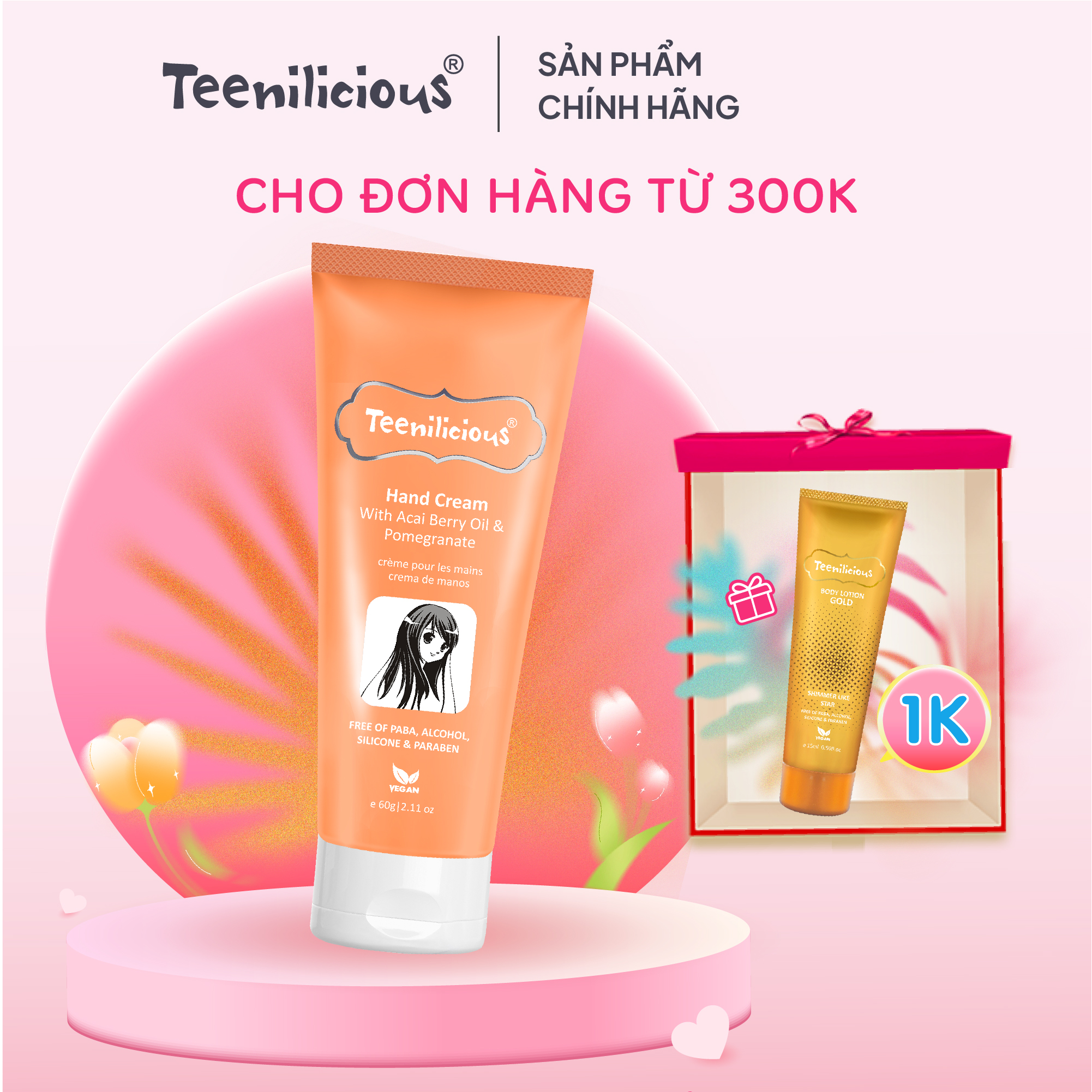 Kem Dưỡng Da Tay Teenilicious Hand Cream With Acai Berry Oil &amp; Pomegranate Dưỡng Ẩm Sáng Mịn - 60g