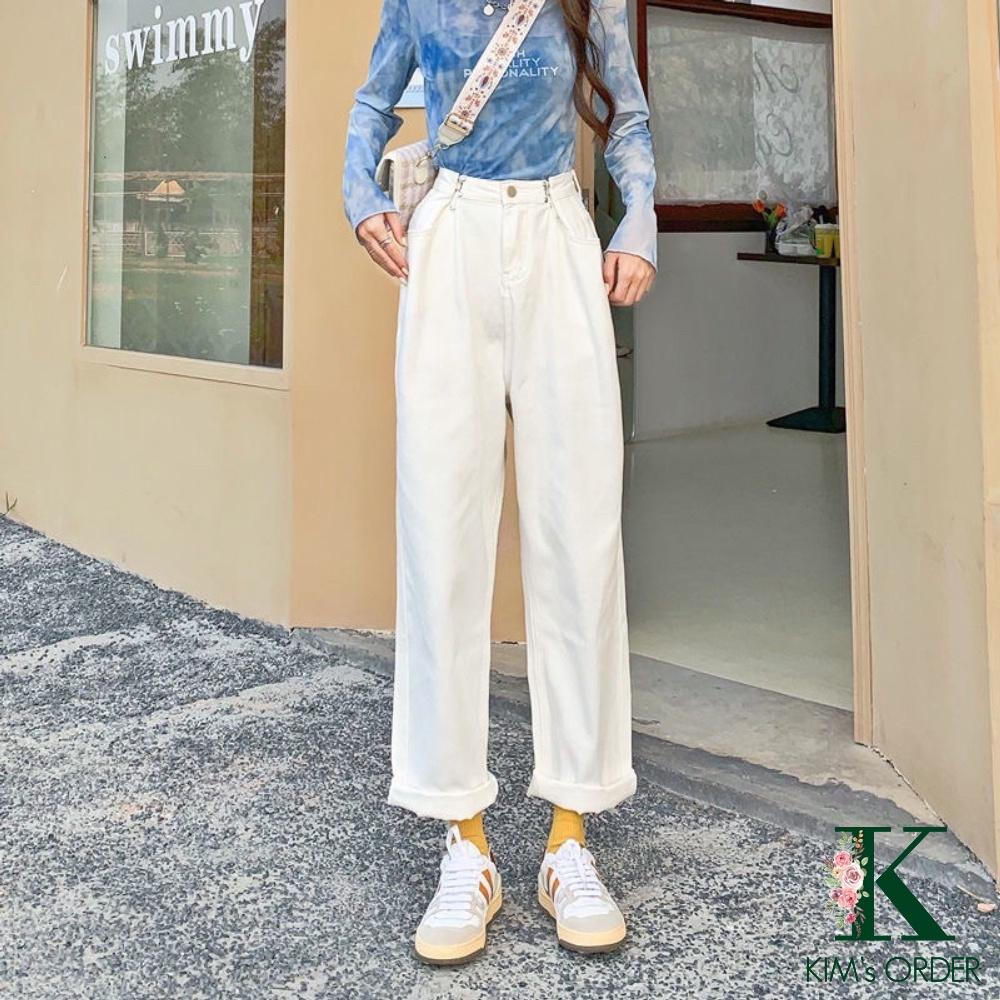 Quần jeans nữ ống rộng gài chỉnh eo hồng xanh đen trắng lưng cạp cao dáng suông ống rộng phong cách Ulzzang Hàn Quốc