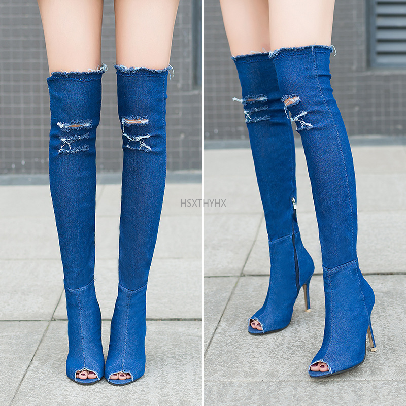 Denim Thời Trang Cao Cấp Ống Stovepipe Co Giãn Giày Nhọn Trên Đầu Gối Giày Tốt Với Nữ Cao Gót Giày thủy Triều Mùa Đông