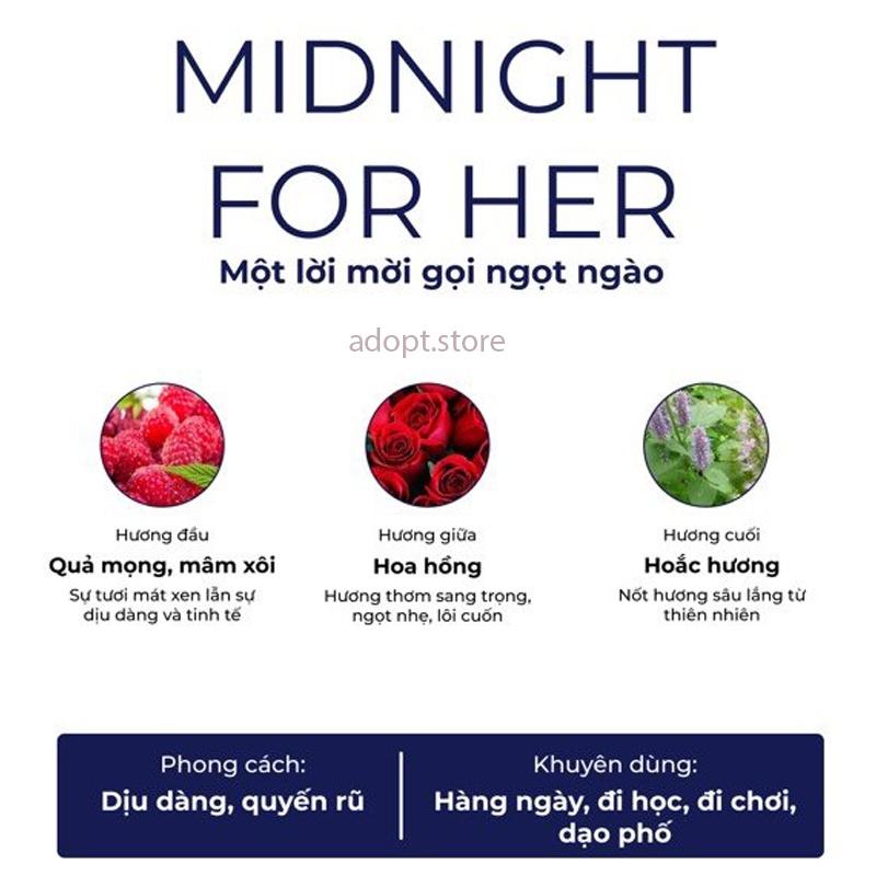 Nước Hoa Nữ 30ml ADOPT' MIDNIGHT FOR HER Dịu Dàng, Mê Hoặc, Quyến Rũ, Thơm Lâu