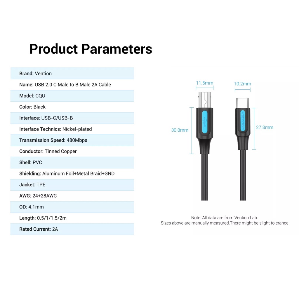 Cáp máy in type-C 2.0 male to B male cable dành cho laptop giao diện type-C Vention CQUBH - Hàng chính hãng