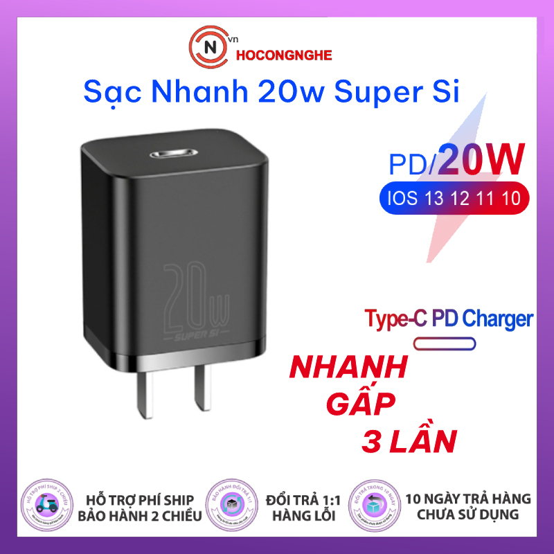 Adapter Cóc củ sạc type c sạc nhanh 20W chuẩn PD 3.0 Type-C hiệu Baseus Super Si trang bị chip sạc thông minh cho iPhone 12  iPad Pro 2020  Samsung  Oppo  Huawei  Vivo phiên bản đầu cắm US-UK – Hàng nhập khẩu – Màu Đen
