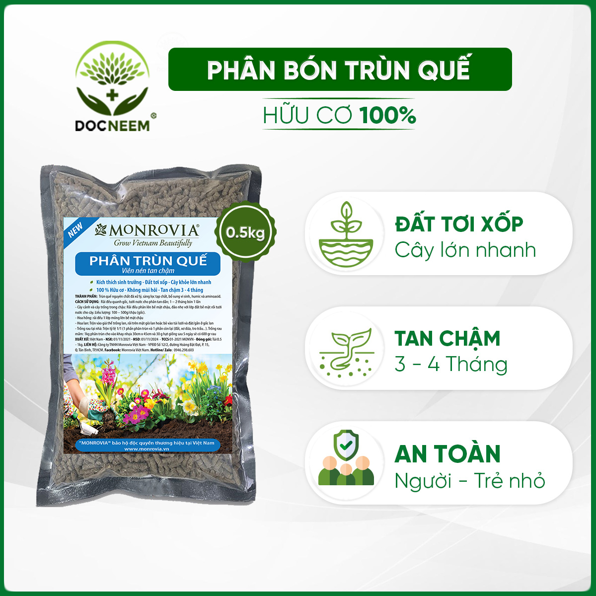 Phân trùn quế nguyên chất MONROVIA, viên nén tan chậm hữu cơ bón cho hoa hồng, lan, cây cảnh, rau củ quả