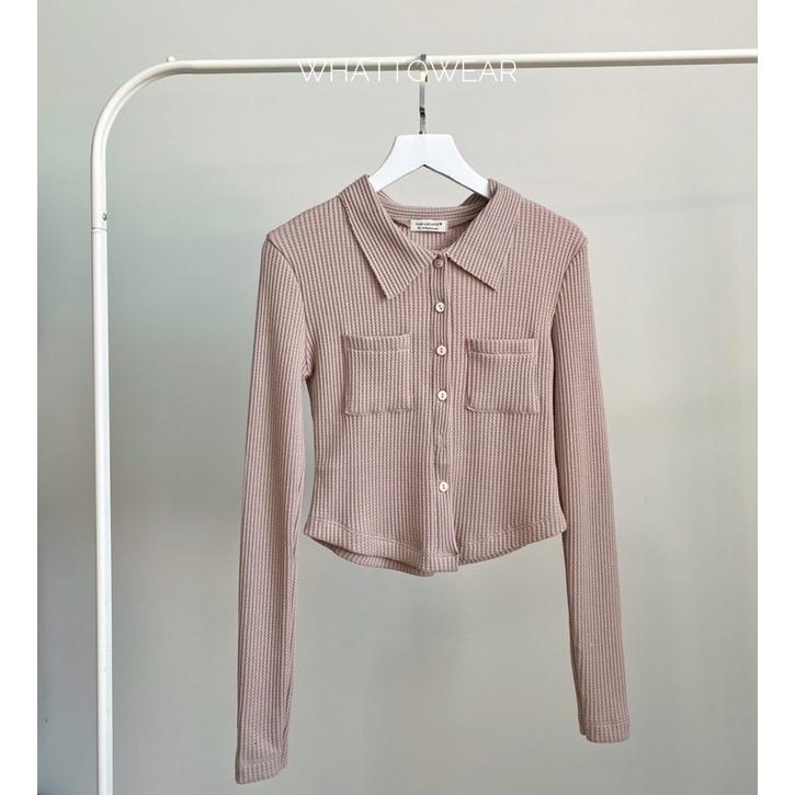 Áo sơ mi croptop thun ô vuông tay dài 2 túi trước ngực