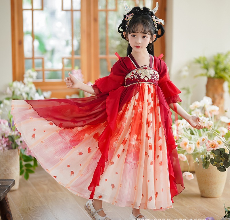Đầm váy công chúa cổ trang hanfu thêu hoa cho bé gái diện lễ tết trung thu đẹp size 100-160kg hàng Quảng Châu