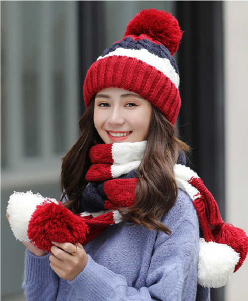sét mũ len kèm khăn và găng tay phong cách Hàn, bộ nón len nữ cao cấp mới